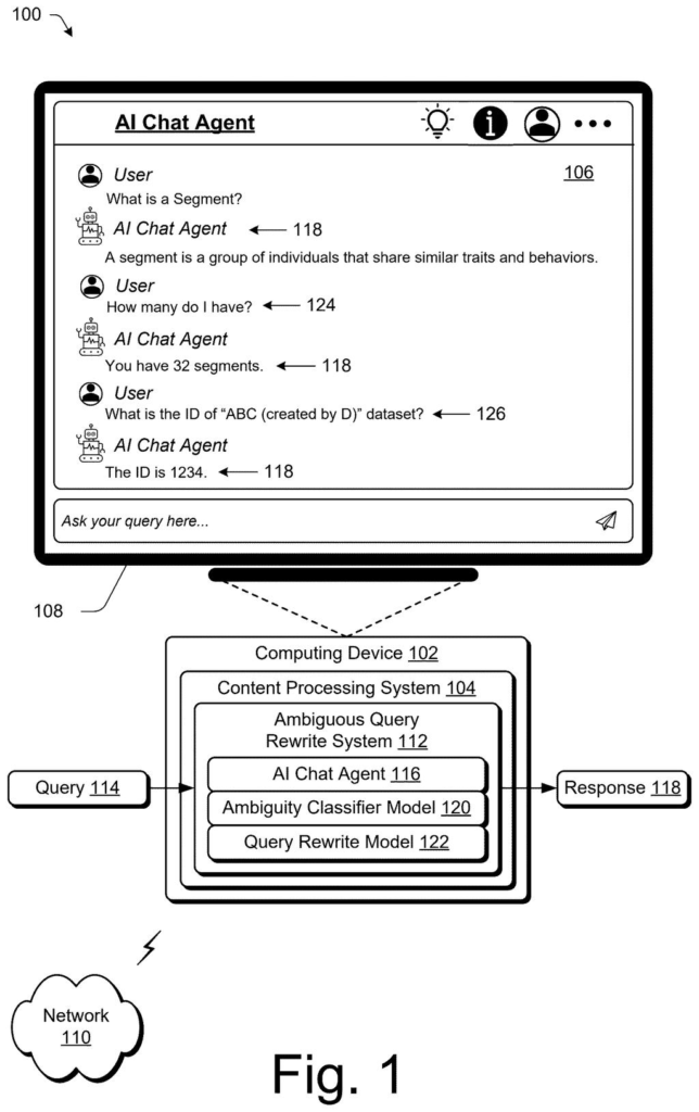 Adobe Patent: AI Chat Agent That Fixes Vague Questions — figure from US 2026/0220130 A1