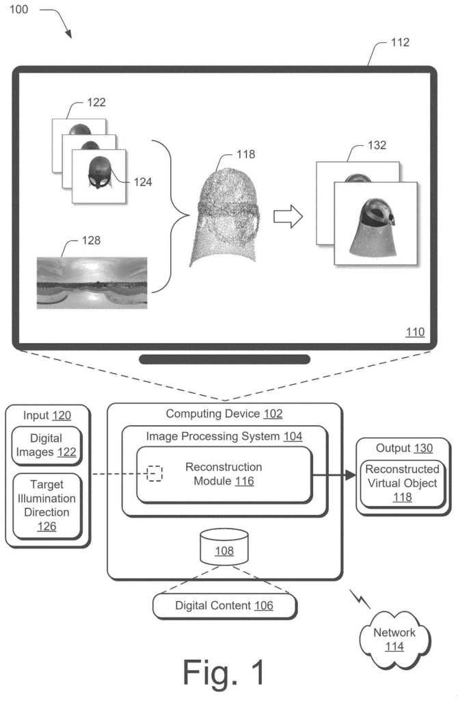 Adobe Patent: AI Re-Lighting for 3D Object Reconstructions — figure from US 2026/0220881 A1