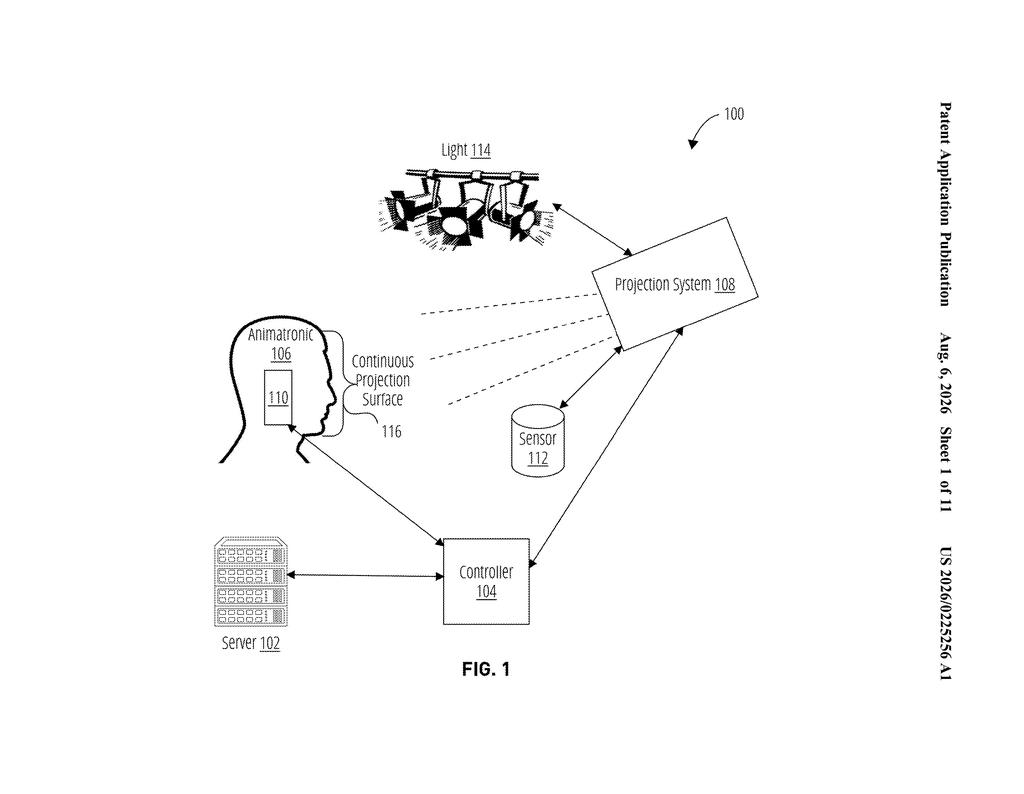 Disney Patent: Projection Mapping on Moving Robots — figure from US 2026/0225256 A1
