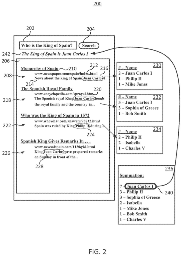 Google Patent: AI Answers That Name Their Sources — figure from US 2026/0228294 A1