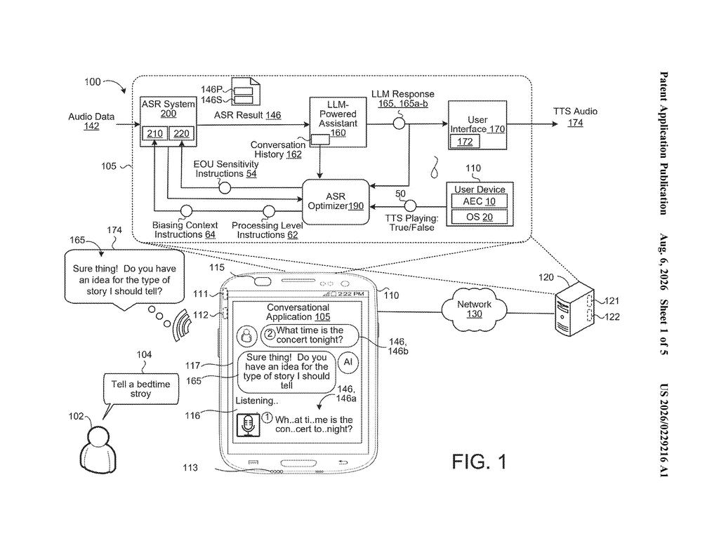 Google Patent: Dynamic Speech Recognition for AI Voice Assistants — figure from US 2026/0229216 A1