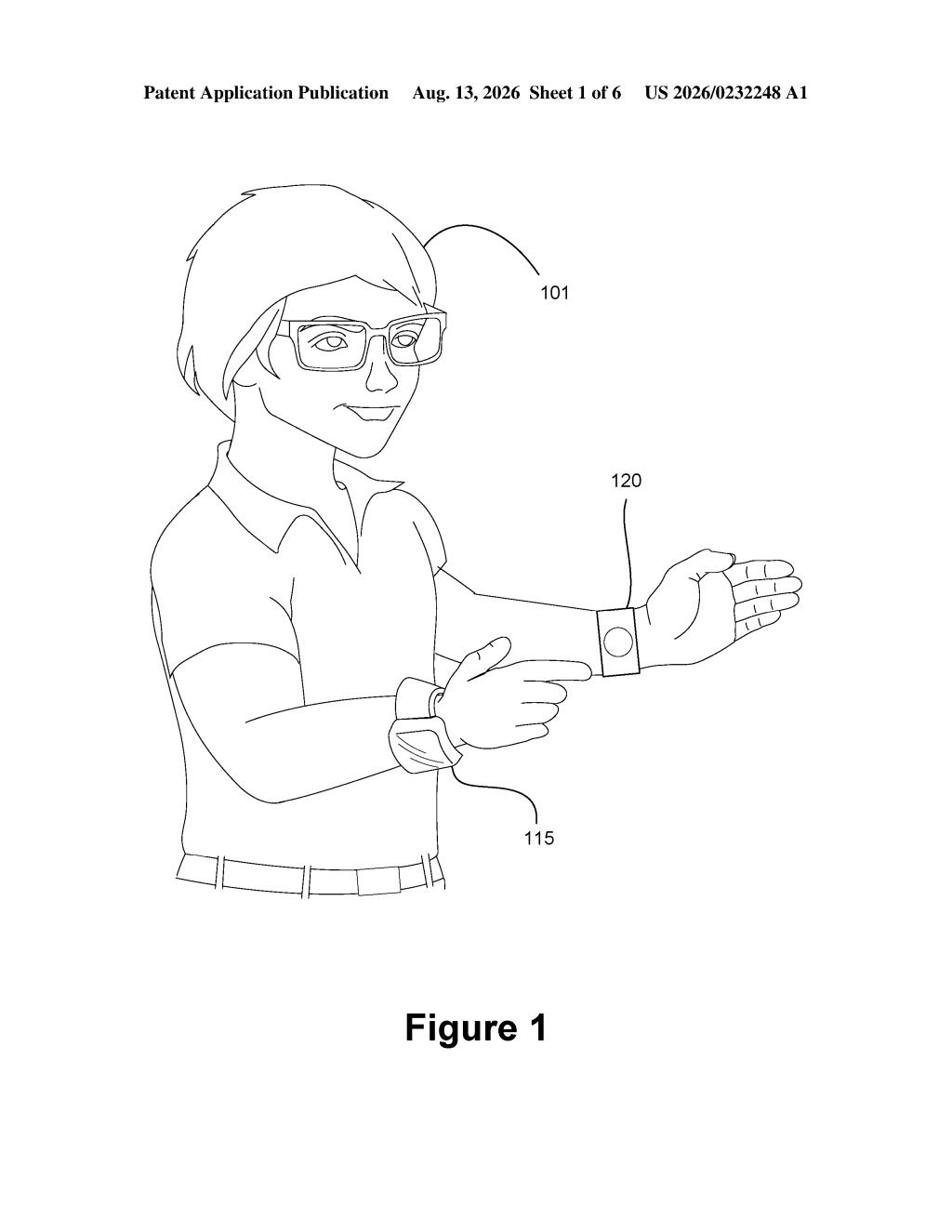A person wears a wrist tracker and a calibration device on their forearms, demonstrating the setup for optimal wear position. Drawing from patent filing US 2026/0232248 A1.