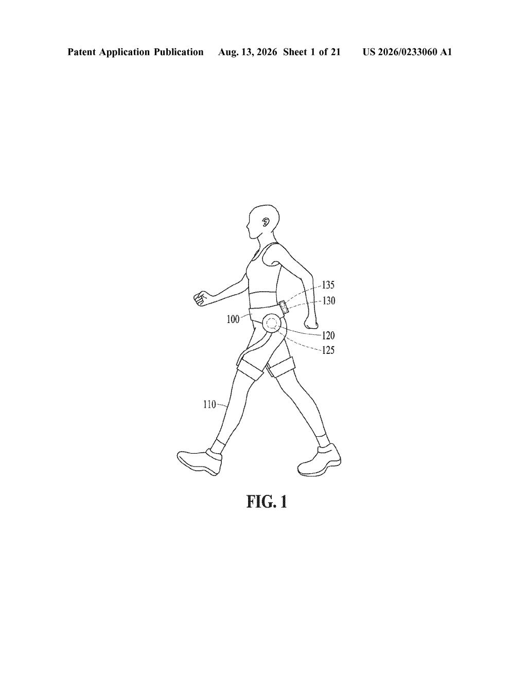 Person wearing a powered hip-assist exoskeleton device while walking. Drawing from patent filing US 2026/0233060 A1.