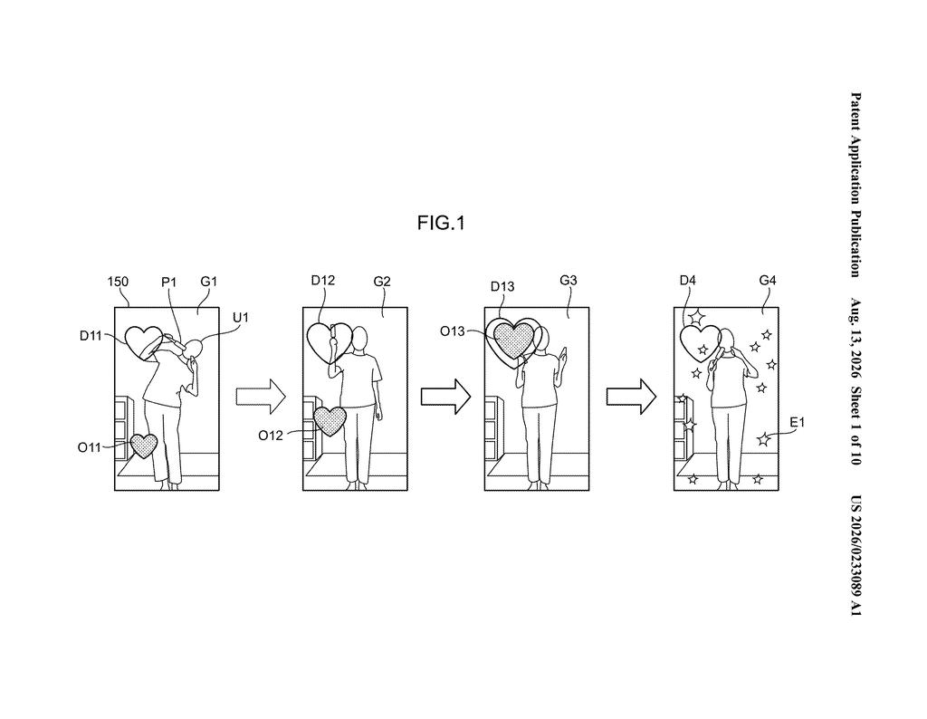 Sequential steps of a user waving a lighted wand to trigger augmented reality visual effects on a screen. Drawing from patent filing US 2026/0233089 A1.
