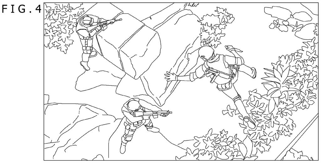 Multiple soldiers navigating a rocky, lush outdoor terrain during gameplay. Drawing from patent filing US 2026/0233092 A1.