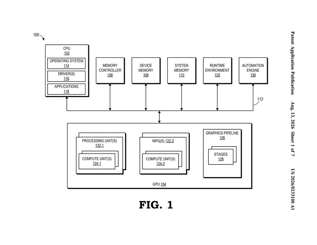 Computer system architecture diagram showing the connection between processor, memory, graphics hardware, and automation engine. Drawing from patent filing US 2026/0233100 A1.