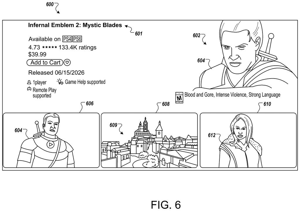Digital storefront interface displaying game titles, ratings, and video preview thumbnails. Drawing from patent filing US 2026/0233104 A1.