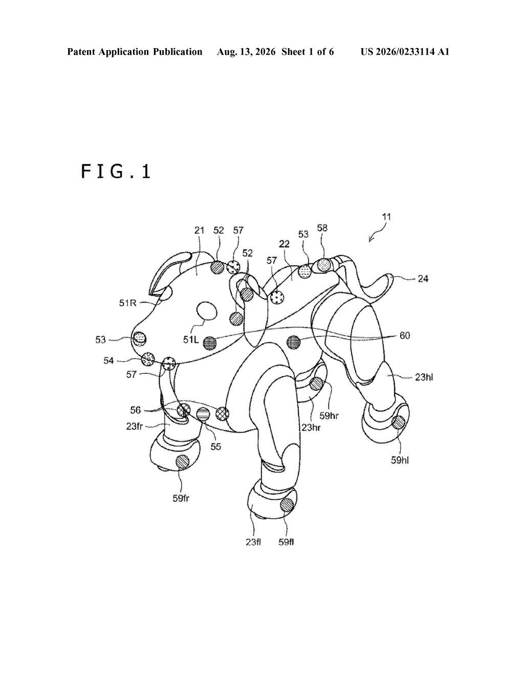 Perspective view of a robotic pet equipped with various sensors across its body and limbs. Drawing from patent filing US 2026/0233114 A1.