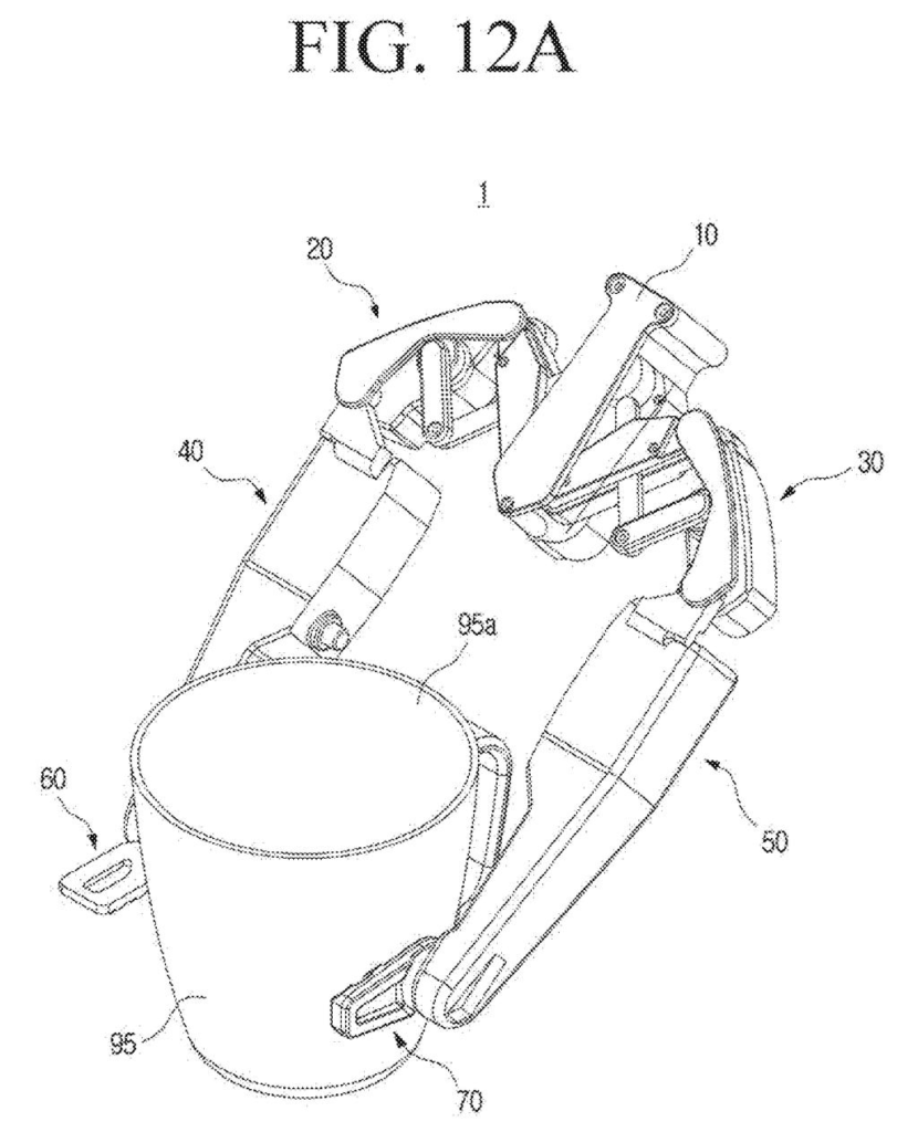 Perspective view of the robotic hand grasping a ceramic mug. Drawing from patent filing US 2026/0233411 A1.