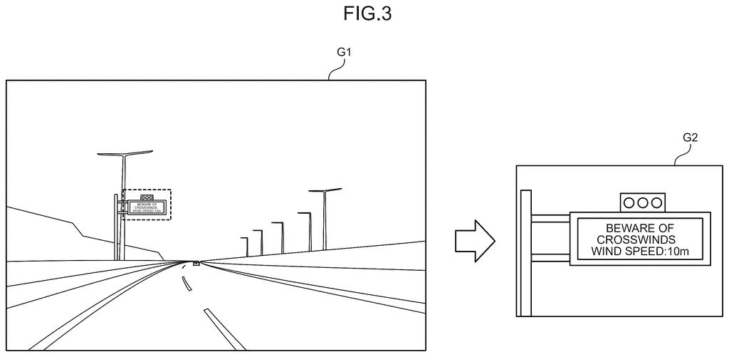 A driver's view of a highway with a camera capturing and magnifying a roadside sign about crosswinds. Drawing from patent filing US 2026/0233749 A1.
