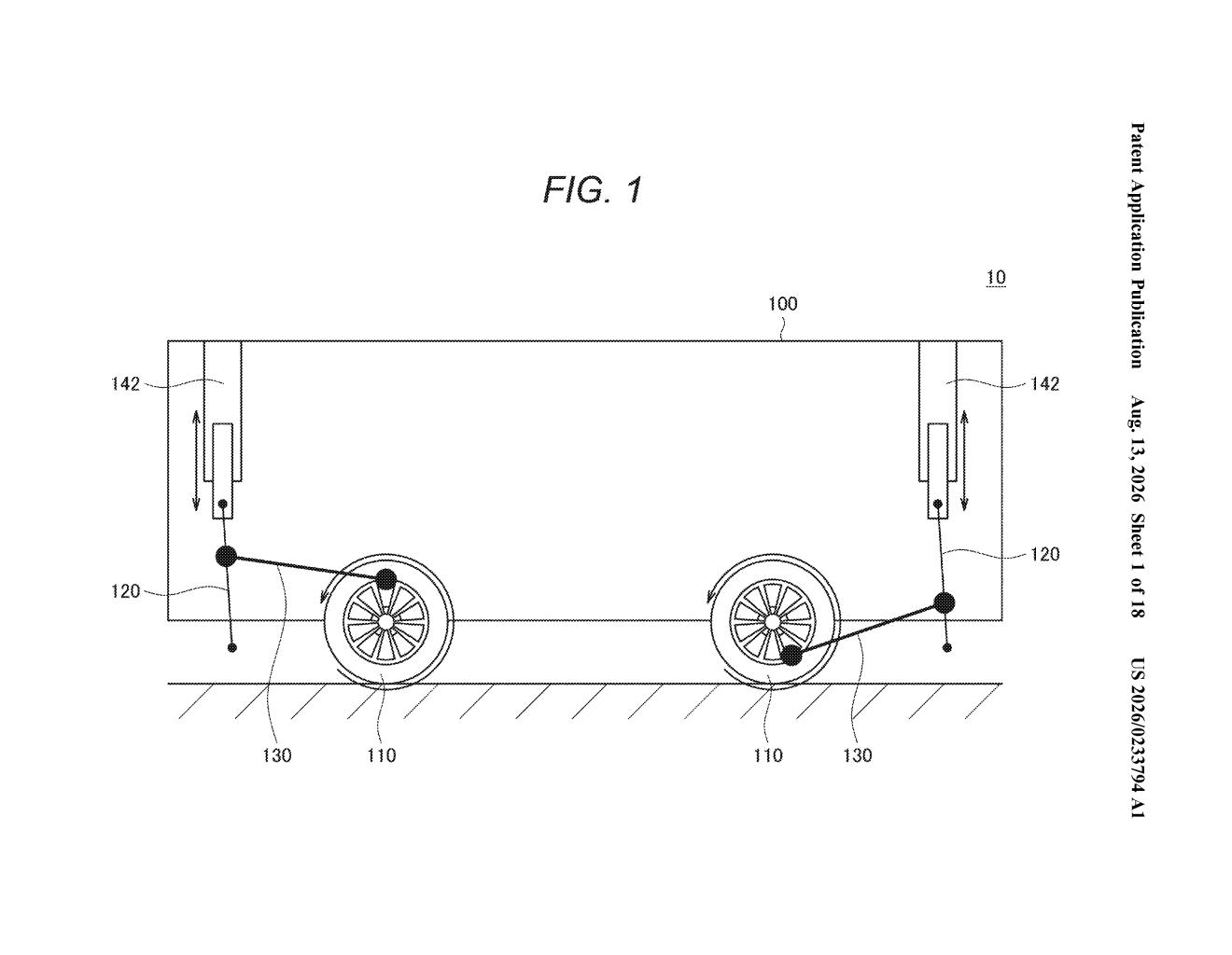 Side view of the robot body resting on wheels and ground-contact legs. Drawing from patent filing US 2026/0233794 A1.