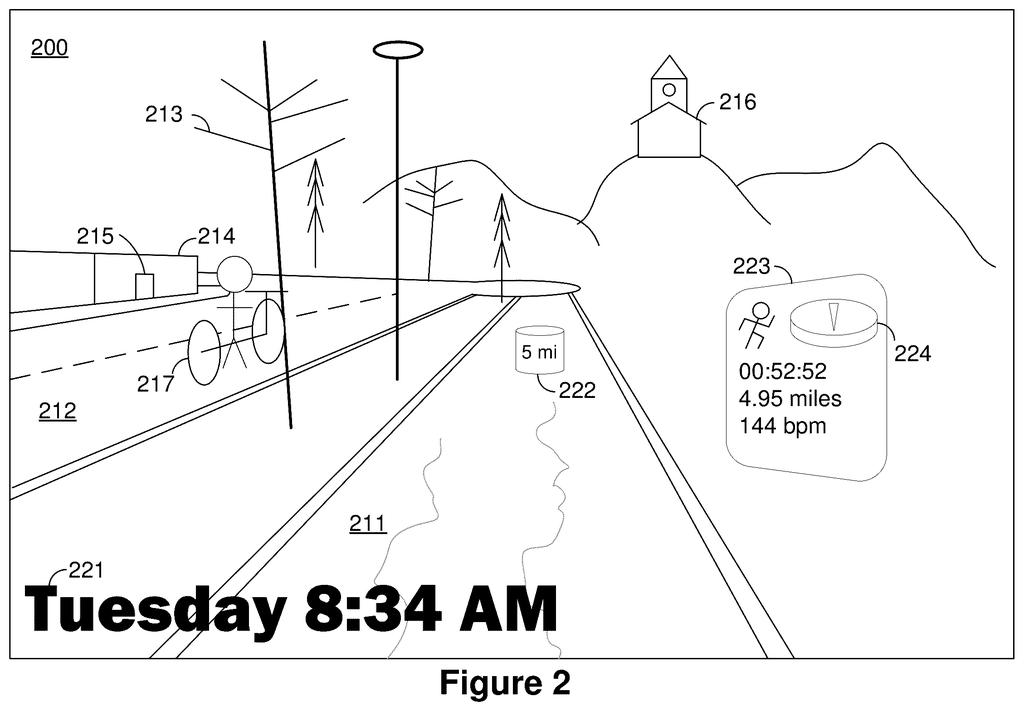 An augmented reality display shows a runner's stats and navigation information overlaid on a view of a road, trees, and a distant church. Drawing from patent filing US 2026/0235719 A1.