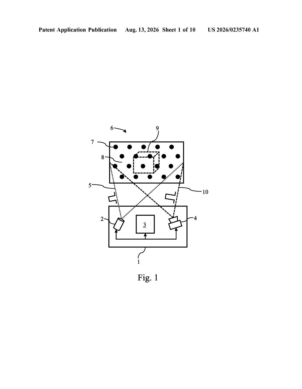 A time-of-flight sensor system measures the distance to an object using emitted light and a sensor array. Drawing from patent filing US 2026/0235740 A1.