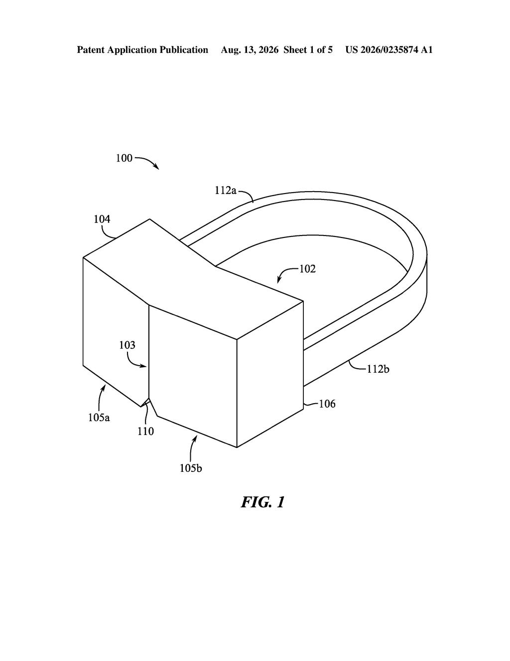 An Apple VR headset with a single adjustment knob on the front and a strap extending around the back. Drawing from patent filing US 2026/0235874 A1.