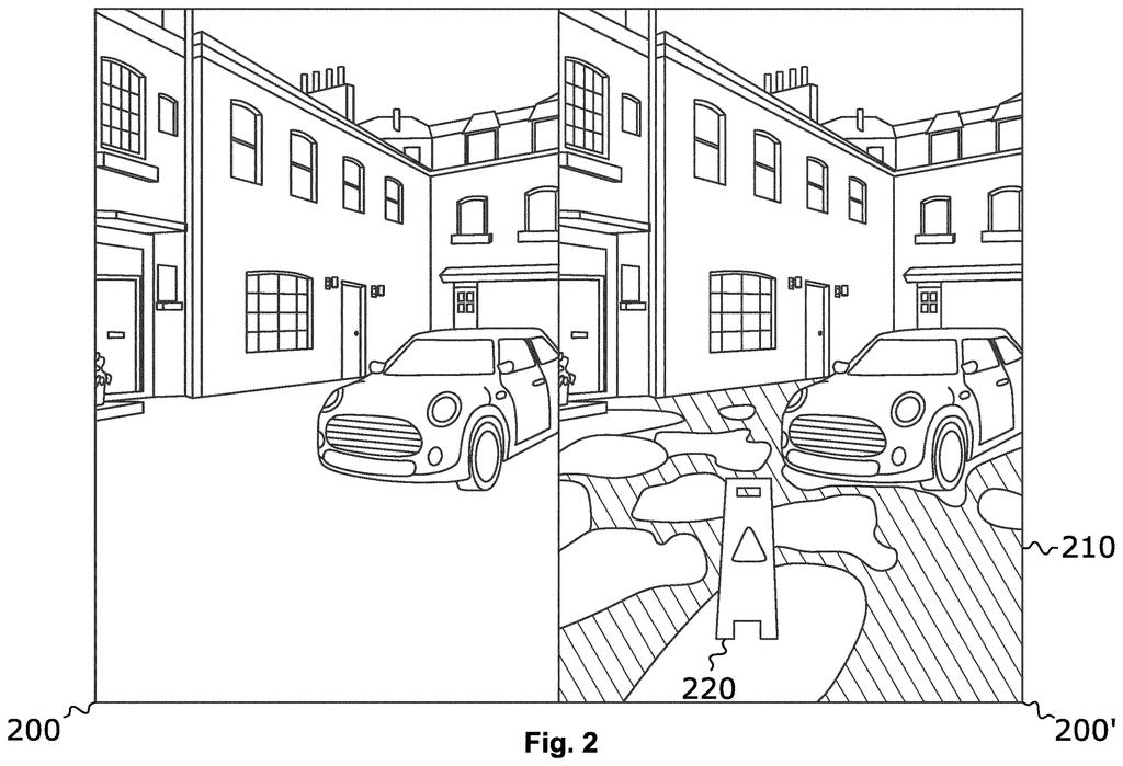 Smart glasses overlay workout opportunities, like stepping stones and a cone, onto a real-world street scene. Drawing from patent filing US 2026/0235878 A1.