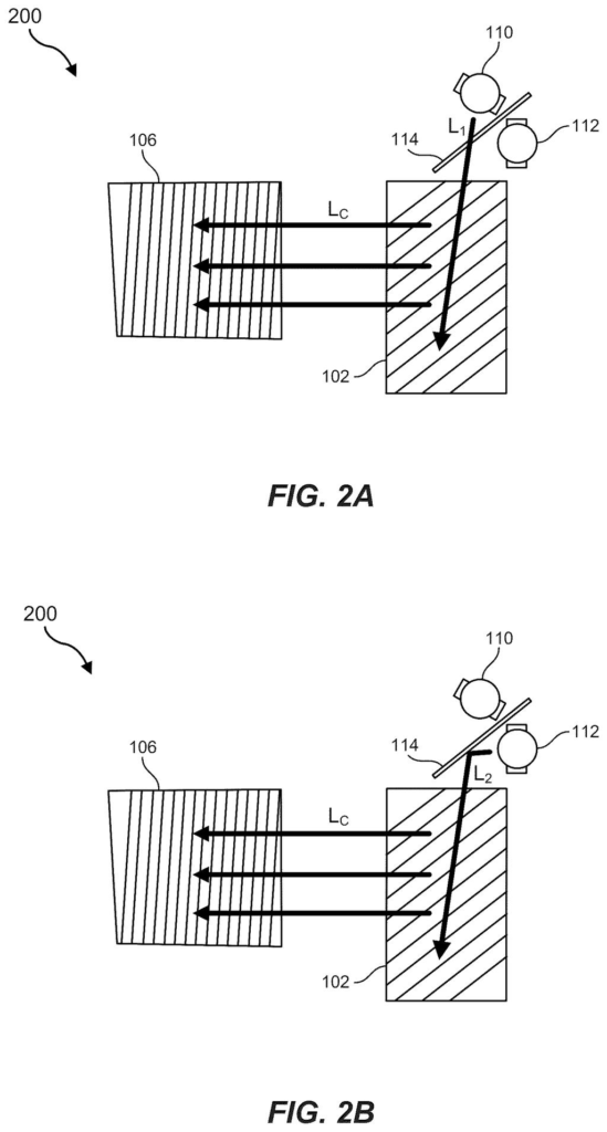 A dichroic mirror system directs light from two sources to a folding optical element, then to an output optical element. Drawing from patent filing US 2026/0235880 A1.