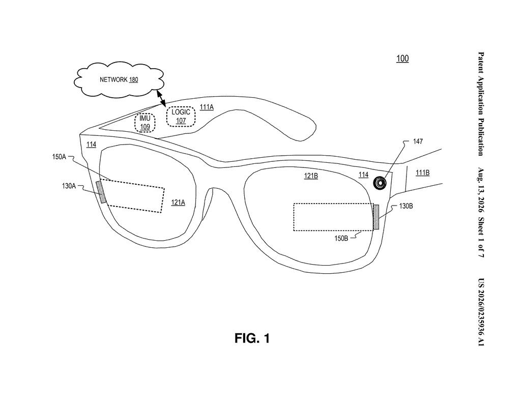 Smart glasses with integrated cameras and internal components for processing and network communication. Drawing from patent filing US 2026/0235936 A1.