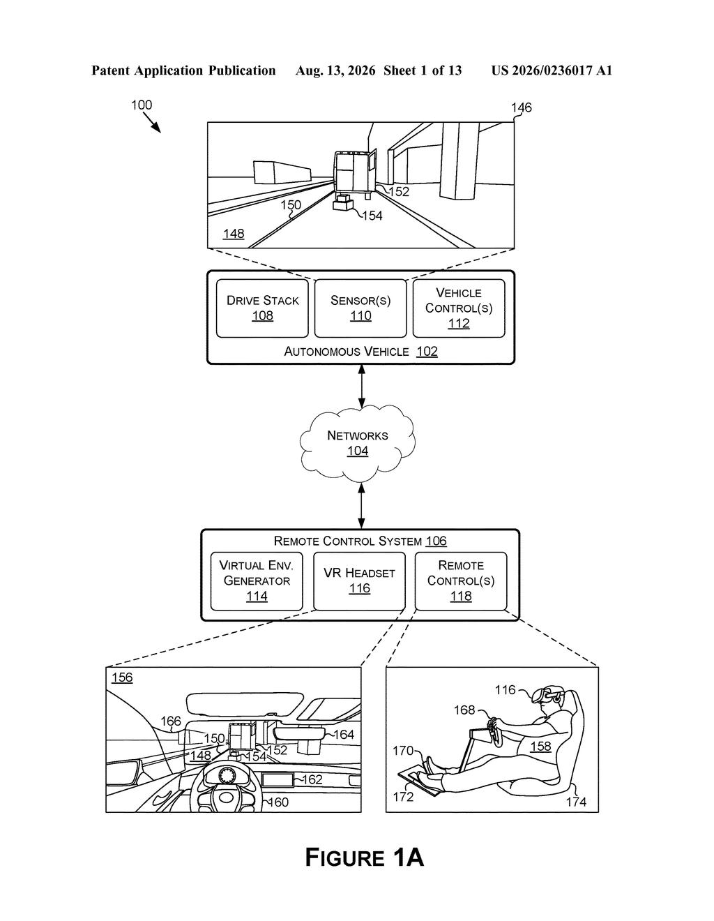An autonomous vehicle controlled remotely by a person wearing a virtual reality headset. Drawing from patent filing US 2026/0236017 A1.