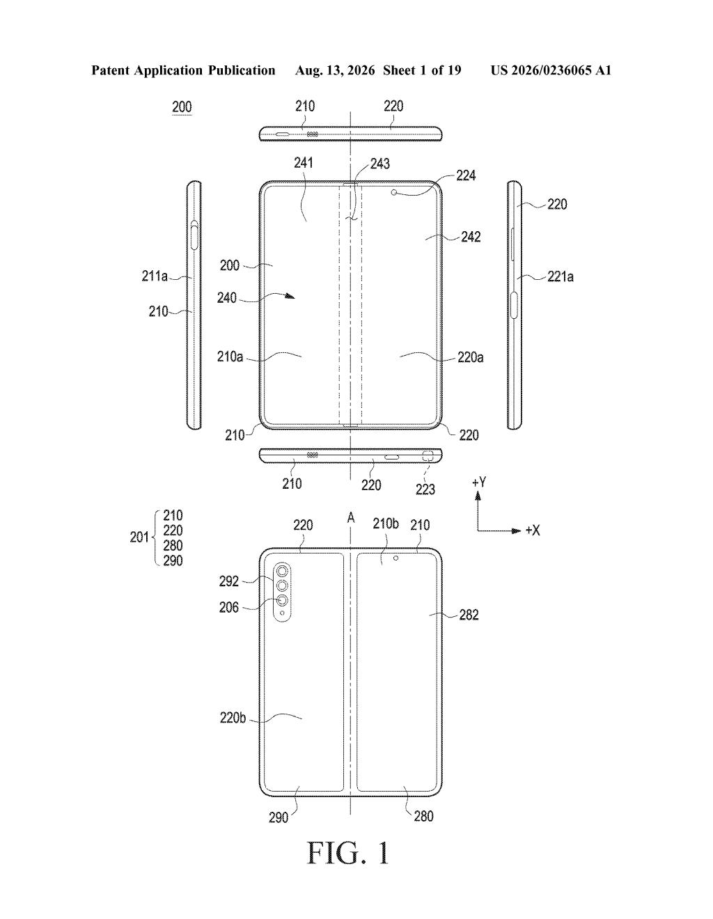 Orthographic and rear views of the foldable phone in its open, flat configuration. Drawing from patent filing US 2026/0236065 A1.