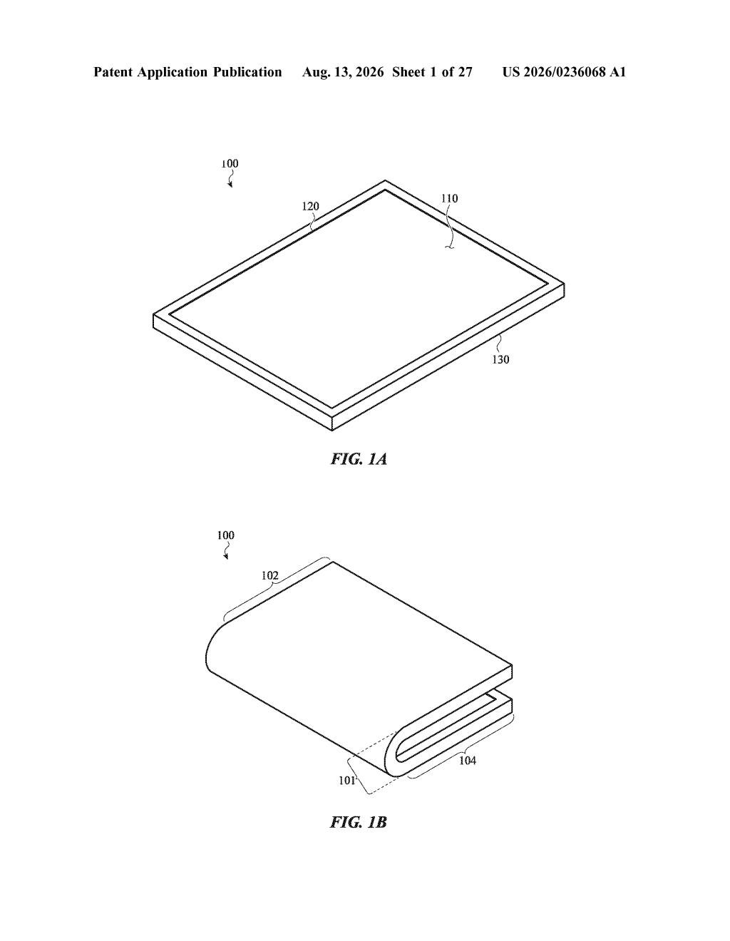 Foldable electronic device in open and folded configurations with a flexible cover layer. Drawing from patent filing US 2026/0236068 A1.