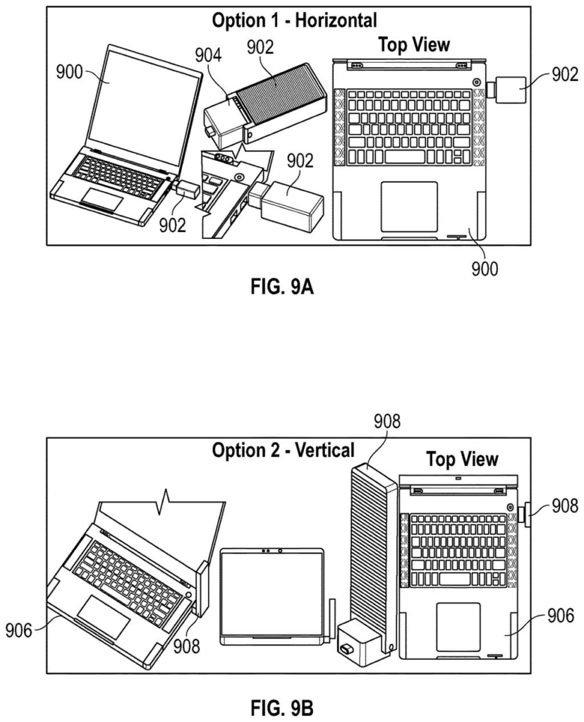 A laptop connected to a modular mobile broadband plug-in accessory in horizontal and vertical configurations. Drawing from patent filing US 2026/0236081 A1.