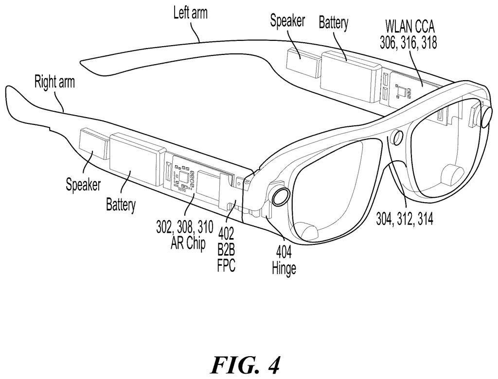 Exploded perspective view of an augmented reality headset highlighting internal chips, batteries, and speaker components along the arms. Drawing from patent filing US 2026/0236082 A1.