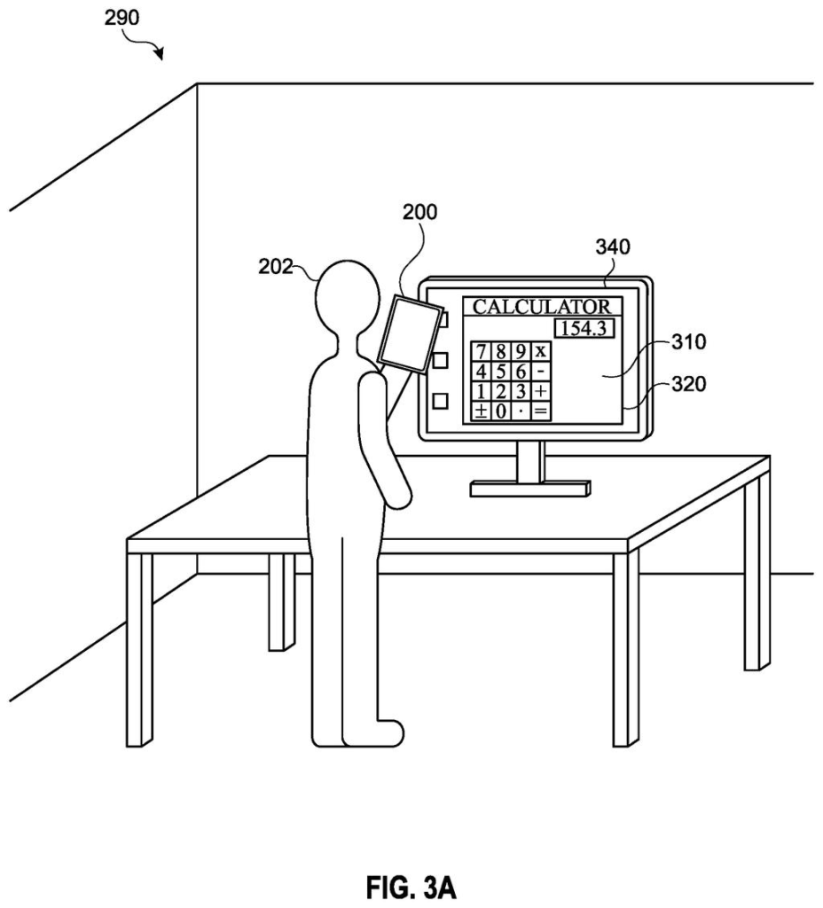 A user holding a handheld device viewing an interactive virtual calculator displayed on a large screen in a room. Drawing from patent filing US 2026/0236090 A1.