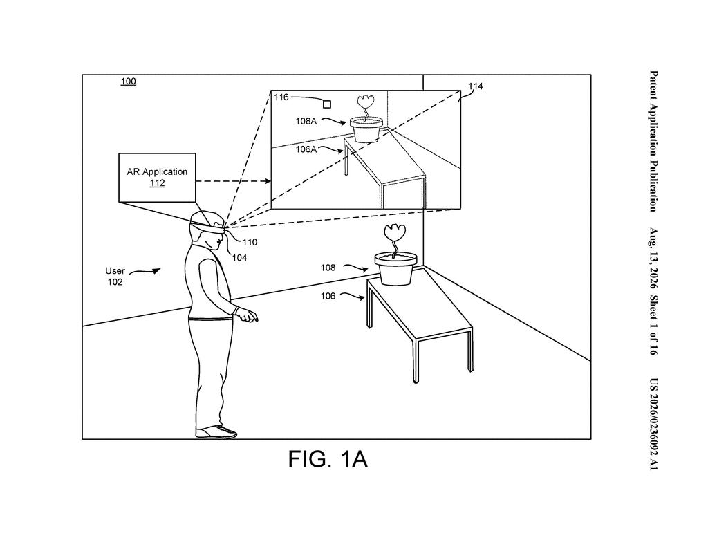 A person wearing augmented reality glasses viewing a virtual object in a room. Drawing from patent filing US 2026/0236092 A1.