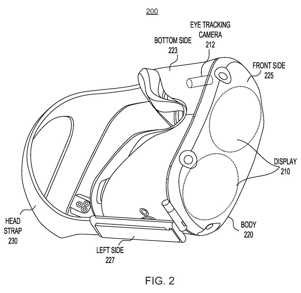 Perspective view of a virtual reality headset showing its internal eye-tracking camera and display housing. Drawing from patent filing US 2026/0236094 A1.
