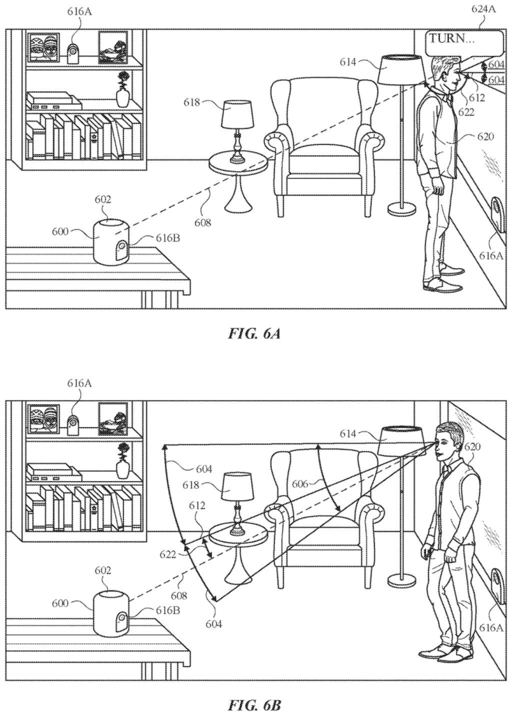 A person looking toward a table lamp while a smart speaker listens and provides voice feedback. Drawing from patent filing US 2026/0236096 A1.