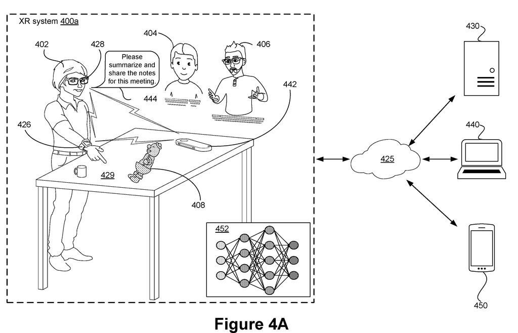 A user interacting with virtual assistants and digital objects in a mixed-reality room connected to remote devices. Drawing from patent filing US 2026/0236099 A1.