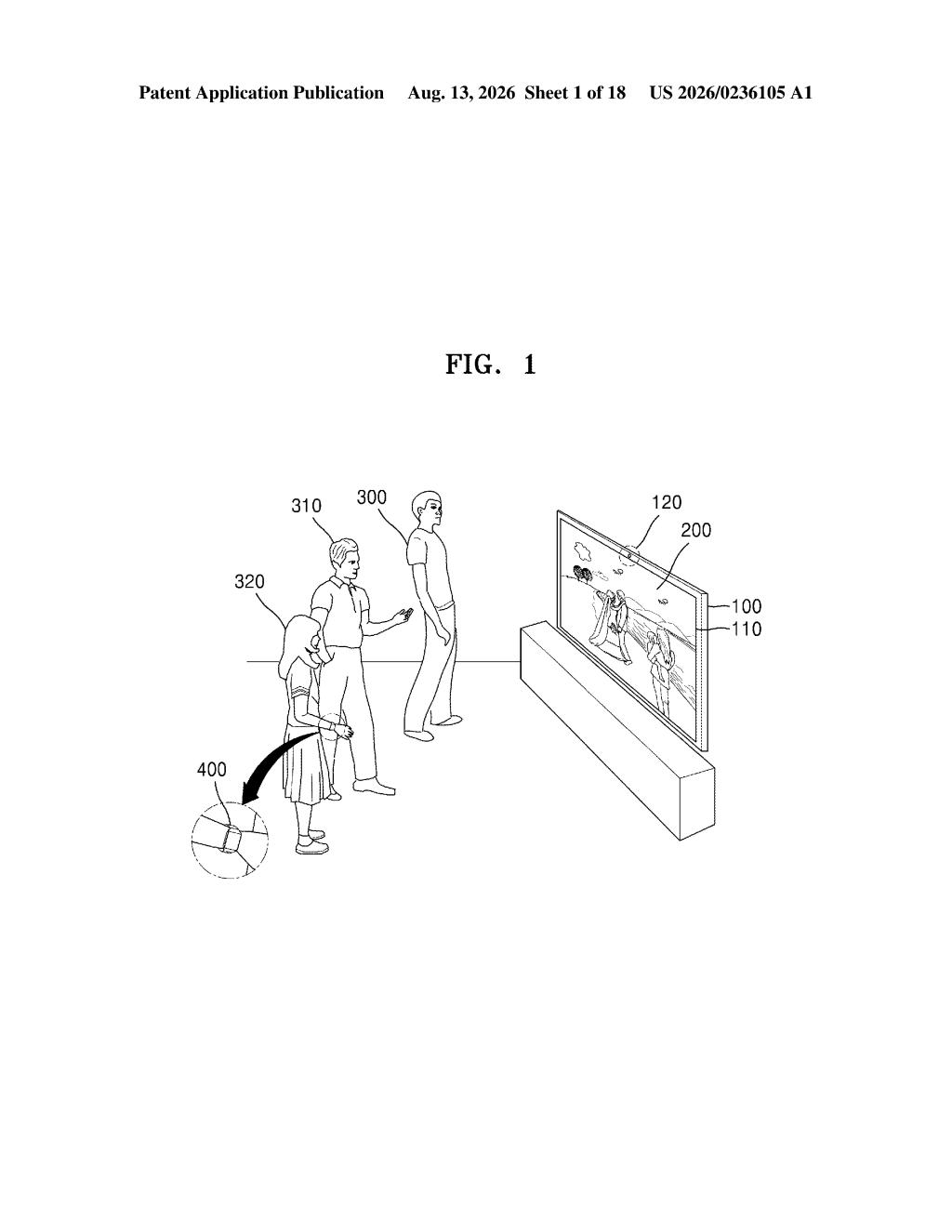 Multiple people gesturing in front of a smart television equipped with a camera and wearable sensors. Drawing from patent filing US 2026/0236105 A1.