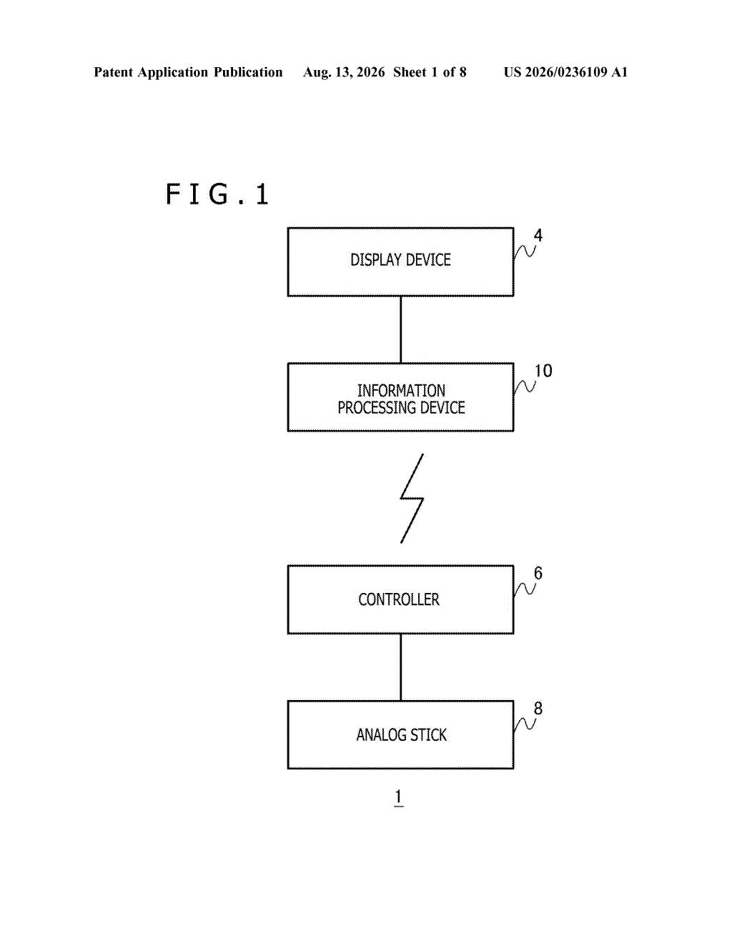 System block diagram connecting a game controller and display device. Drawing from patent filing US 2026/0236109 A1.