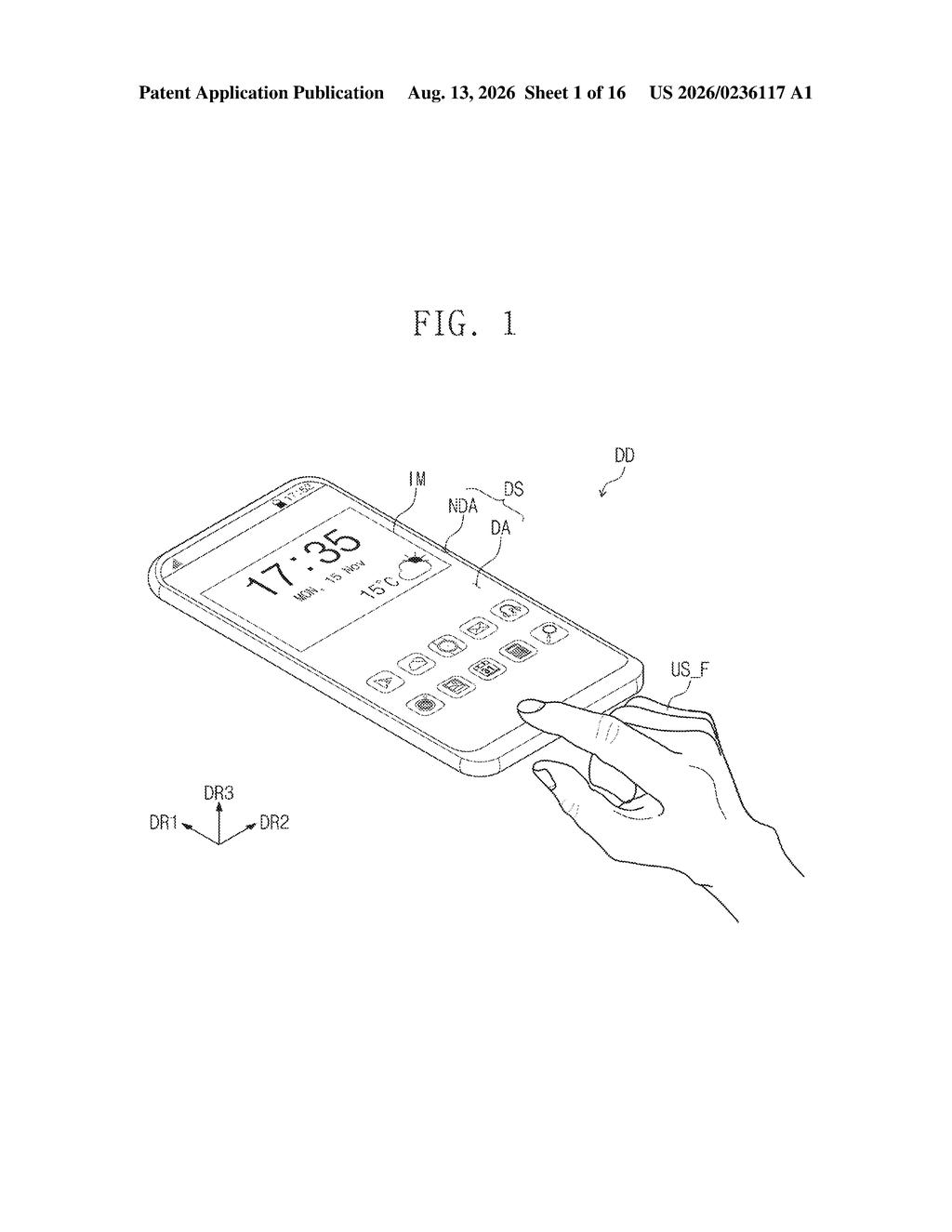 Smartphone being operated by a user's finger on the touchscreen display. Drawing from patent filing US 2026/0236117 A1.