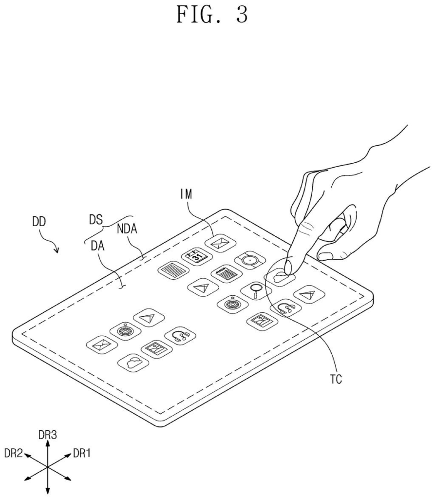 Hand interacting with a touchscreen device displaying app icons. Drawing from patent filing US 2026/0236127 A1.