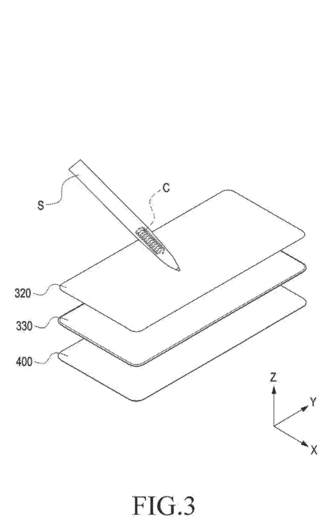 Exploded perspective view of a stylus interacting with the stacked sensor layers of an electronic device. Drawing from patent filing US 2026/0236131 A1.