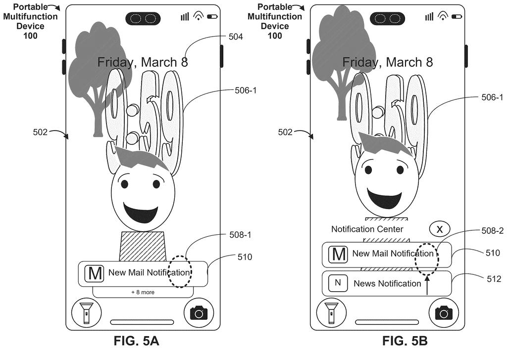 Smartphone lock screen displaying a digital clock shifting its numbers to accommodate incoming notification banners. Drawing from patent filing US 2026/0236135 A1.