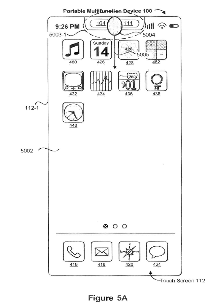 A smartphone screen showing an edge-swipe gesture initiating an interface action from the top bezel. Drawing from patent filing US 2026/0236161 A1.