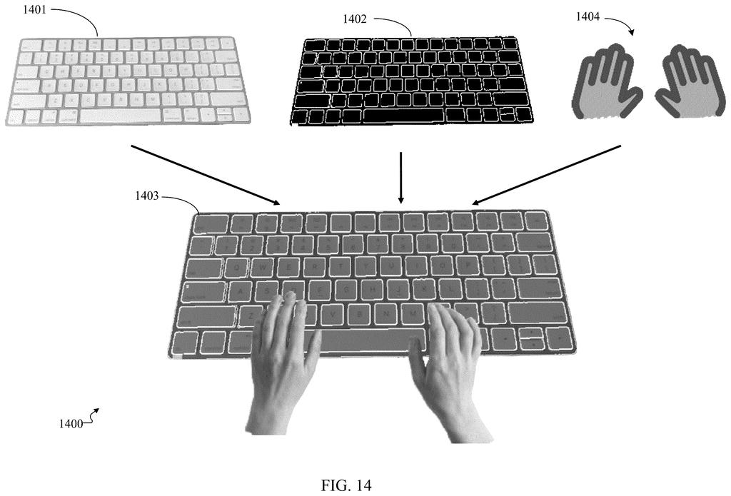 Integration of a physical keyboard and hand tracking into a virtual reality environment. Drawing from patent filing US 2026/0236163 A1.