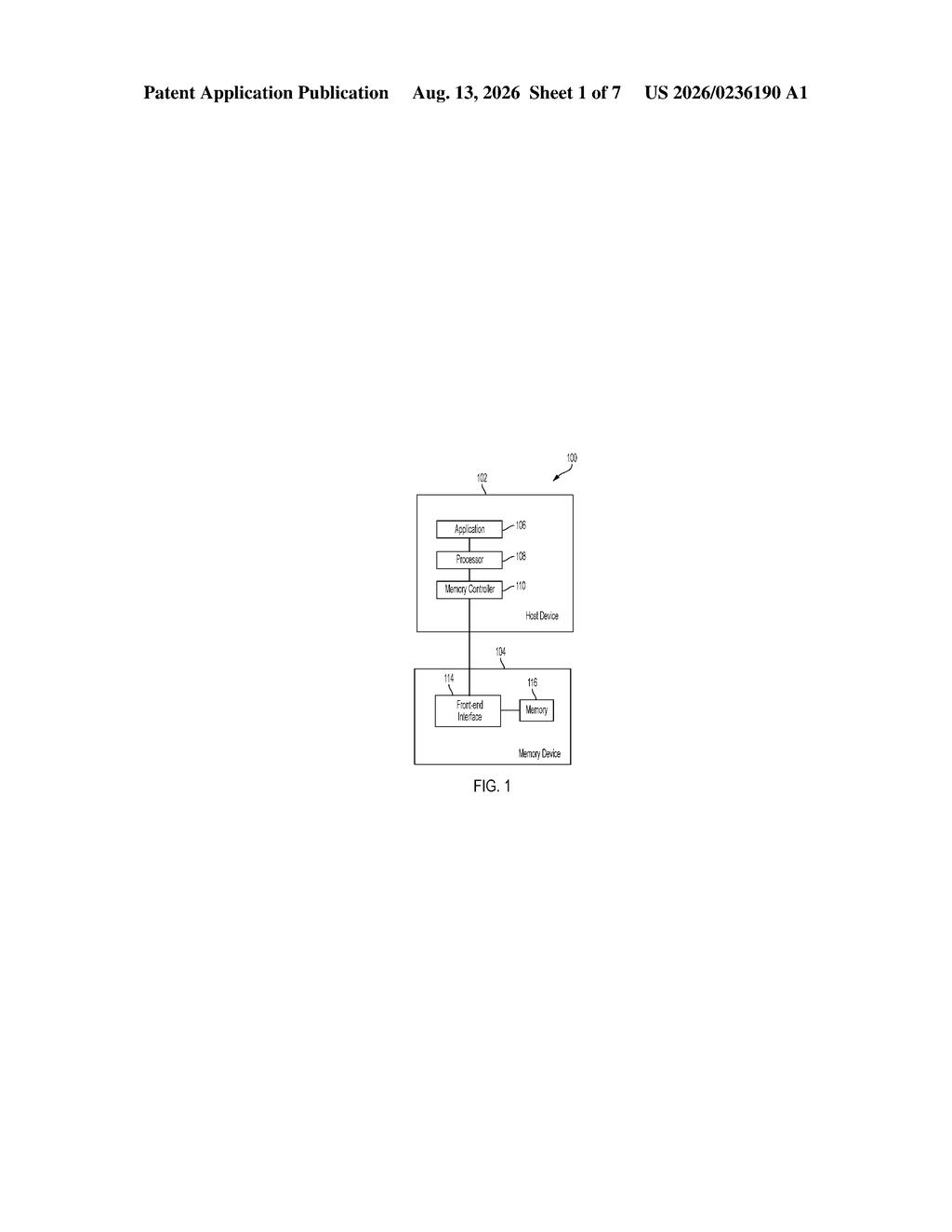 High-level block diagram showing the connection between a host device and a memory device. Drawing from patent filing US 2026/0236190 A1.