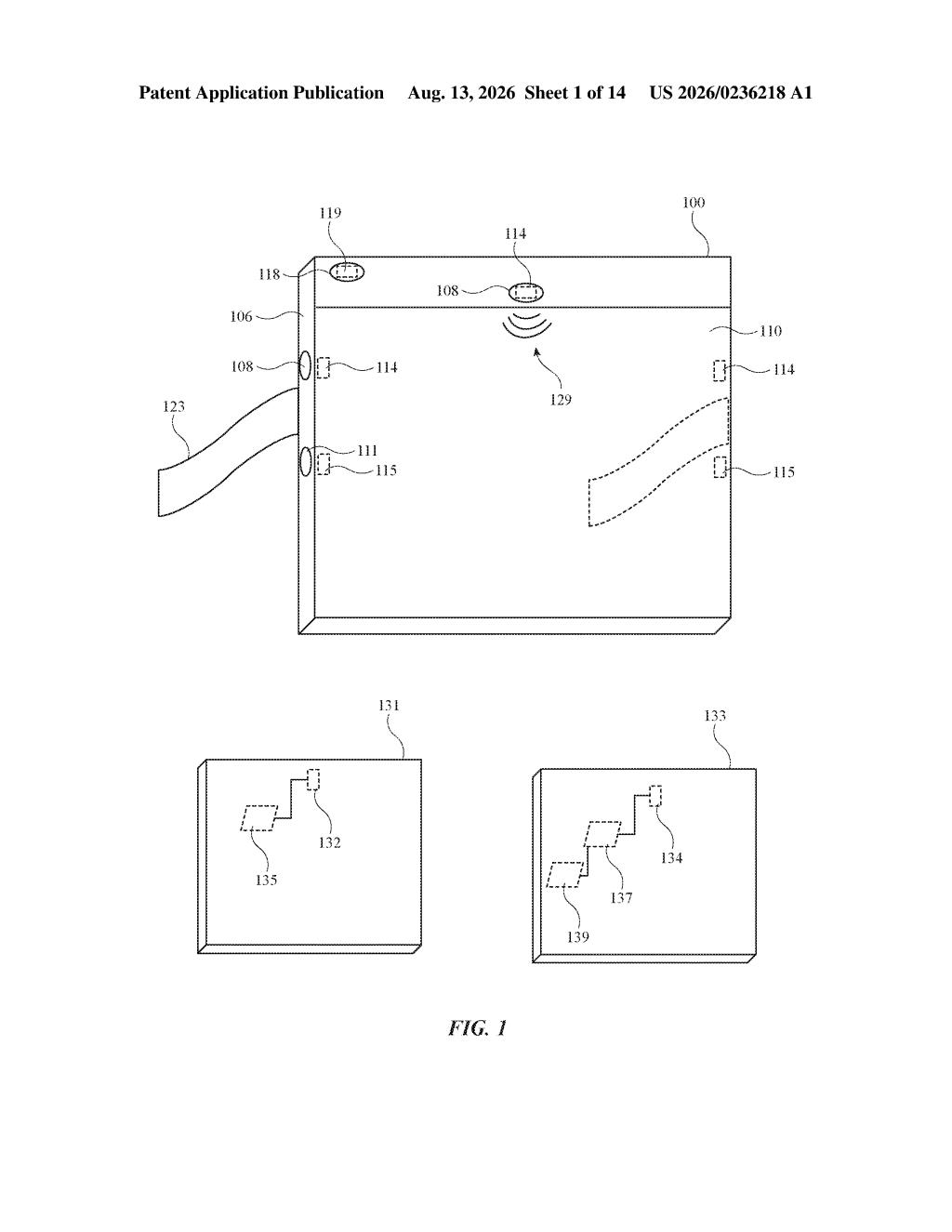 External housing of the electronic device equipped with audio indicators, camera, and microphone ports. Drawing from patent filing US 2026/0236218 A1.