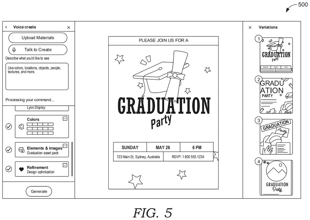 Graphic design software interface displaying a graduation flyer alongside multiple generated design variations. Drawing from patent filing US 2026/0236222 A1.
