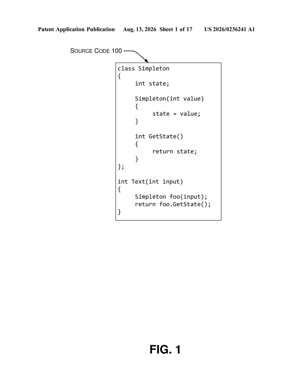 C++ source code defining a Simpleton class with state and test functions. Drawing from patent filing US 2026/0236241 A1.