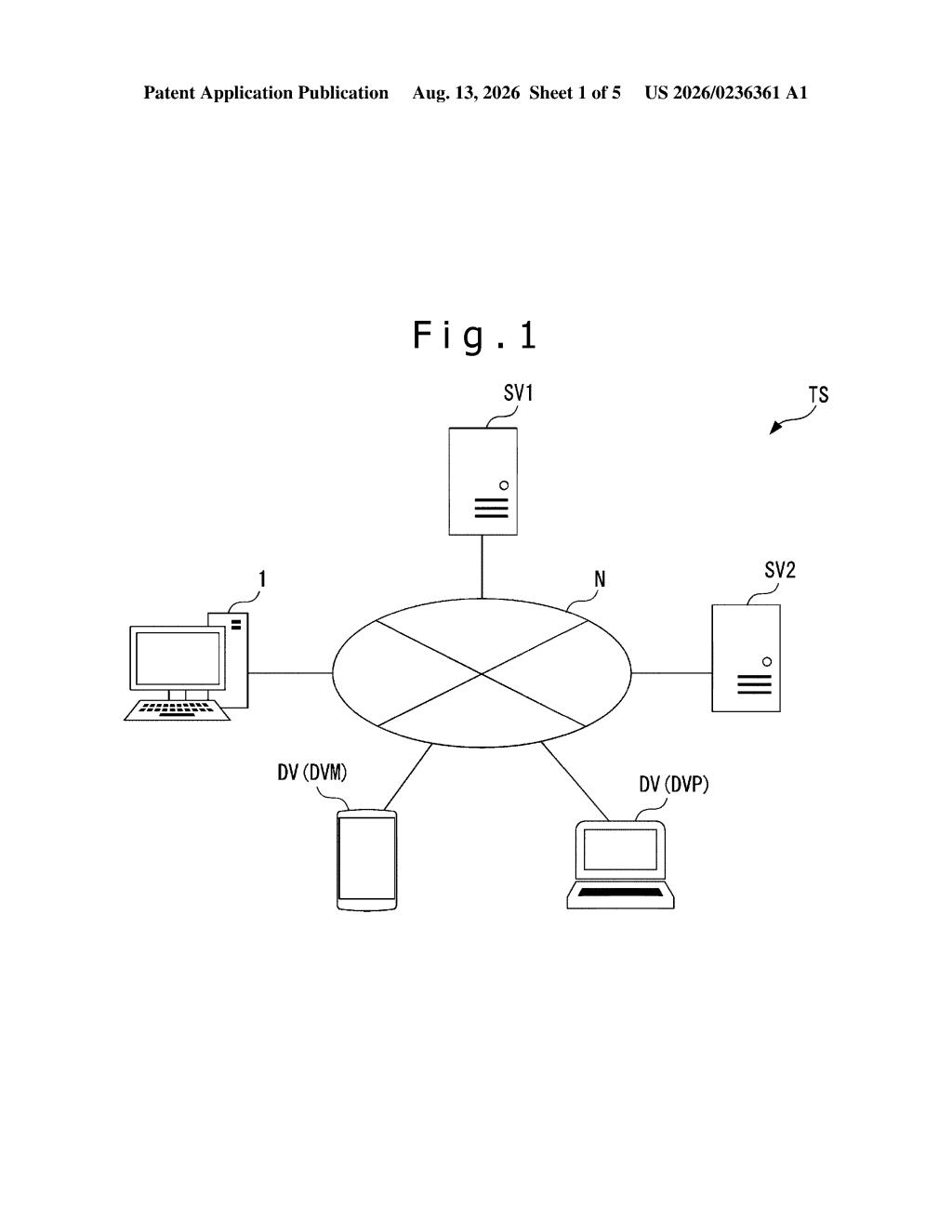 Network system connecting a central computer, servers, and various testing devices. Drawing from patent filing US 2026/0236361 A1.