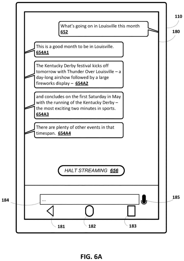 A smartphone screen displaying an artificial intelligence answer streaming in sequential text bubbles. Drawing from patent filing US 2026/0236495 A1.
