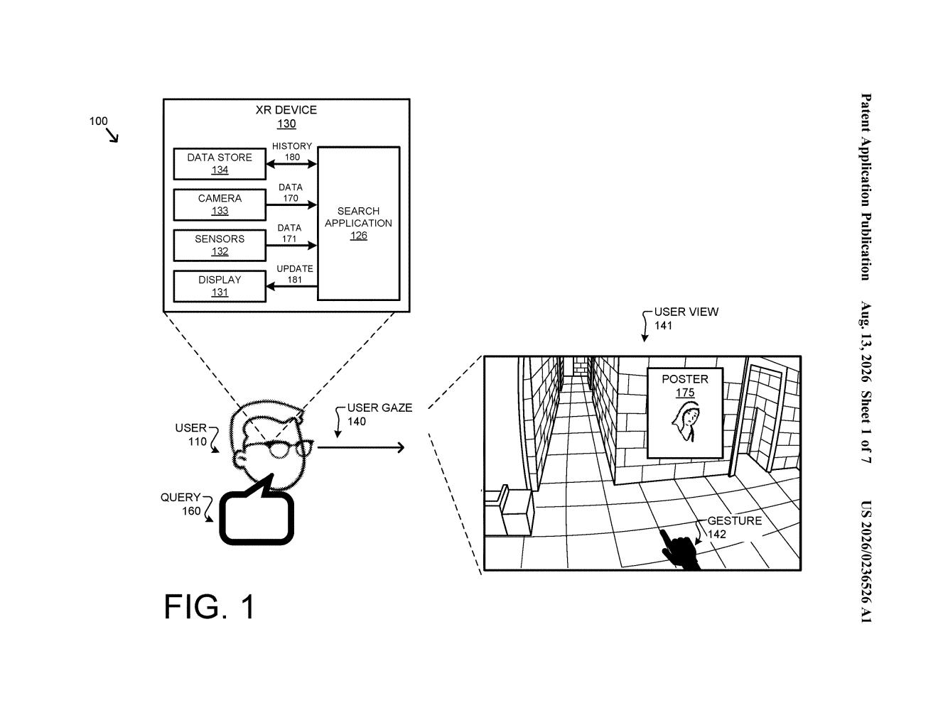 An extended reality headset capturing a user's view of a hallway and processing contextual search queries. Drawing from patent filing US 2026/0236526 A1.