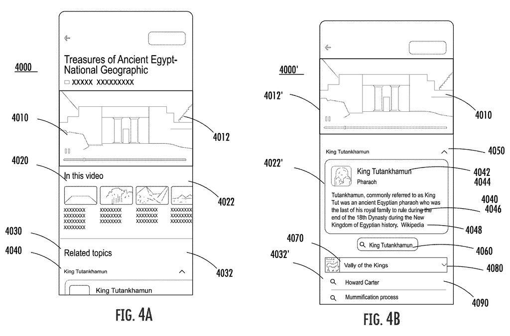 Mobile app screens displaying video playback alongside contextual info cards for mentioned topics. Drawing from patent filing US 2026/0236531 A1.