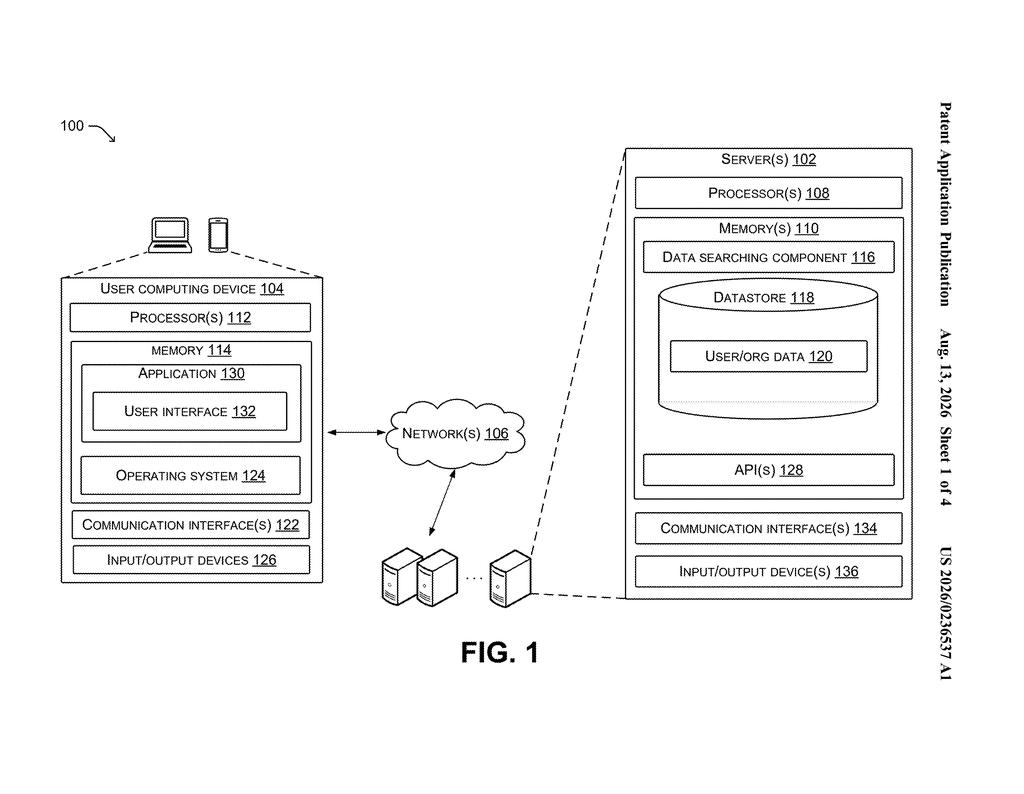 Network architecture connecting user computing devices to remote servers and datastores. Drawing from patent filing US 2026/0236537 A1.