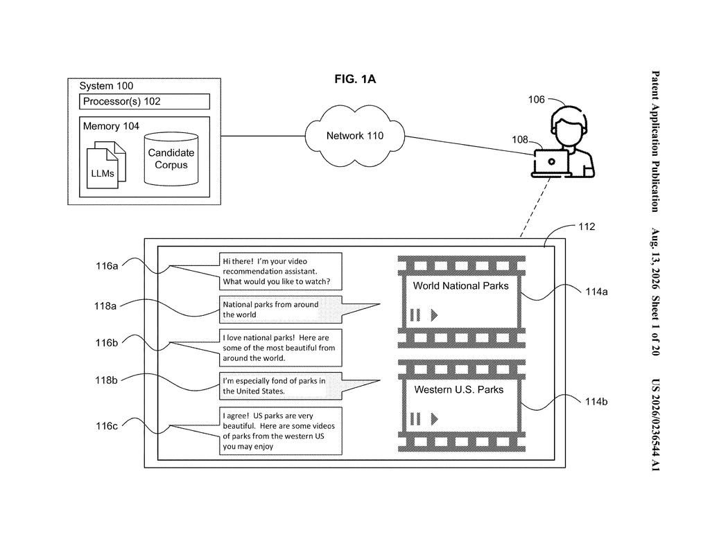 User interacting with a conversational video recommendation system via a laptop display interface. Drawing from patent filing US 2026/0236544 A1.