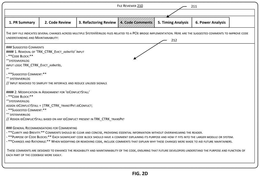 Interactive file reviewer interface showing tabbed analysis sections for code comments and timing metrics. Drawing from patent filing US 2026/0236586 A1.